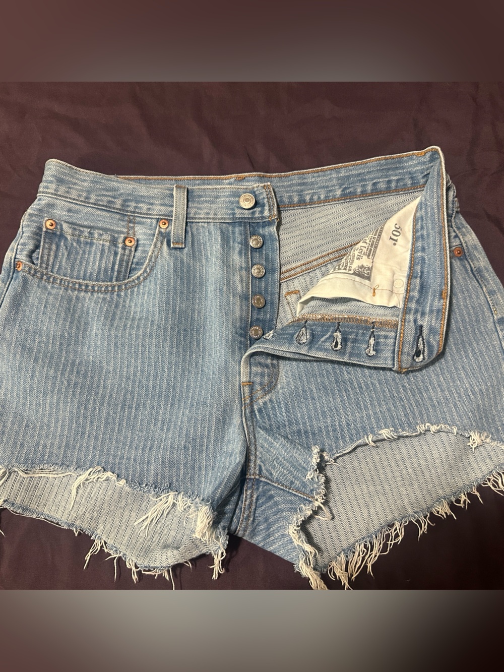 Levi's 501 Light Blue Striped Denim  Shorts with Frayed Hem
